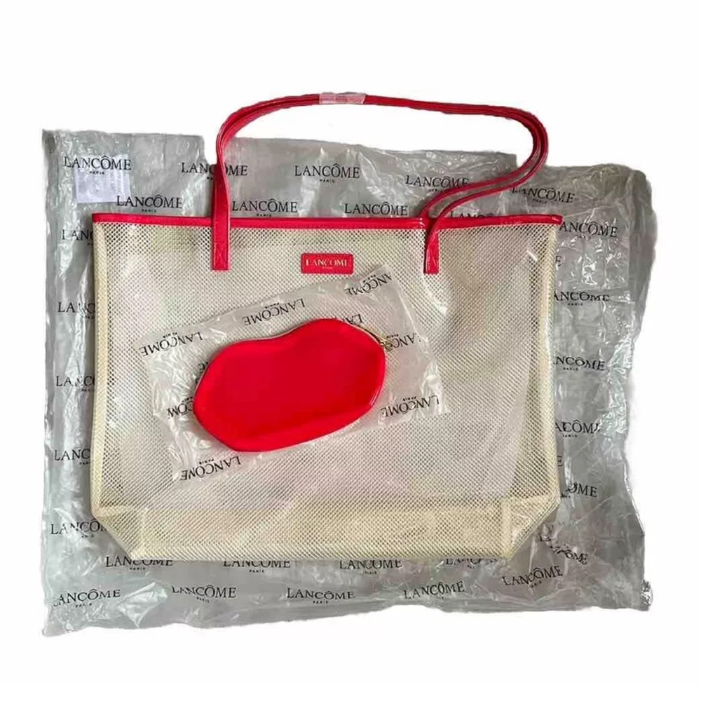 RARE!! Lancôme Ivory Mesh Tote & Bright Red Rubber Lip Pouch Sunglass Holder F-1